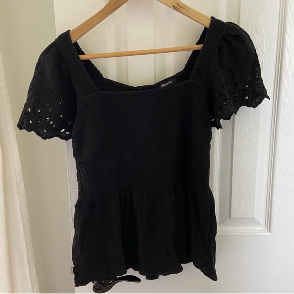 Madewell Eyelet-Sleeve Lucie Smocked Peplum Top - Picture 3 of 6